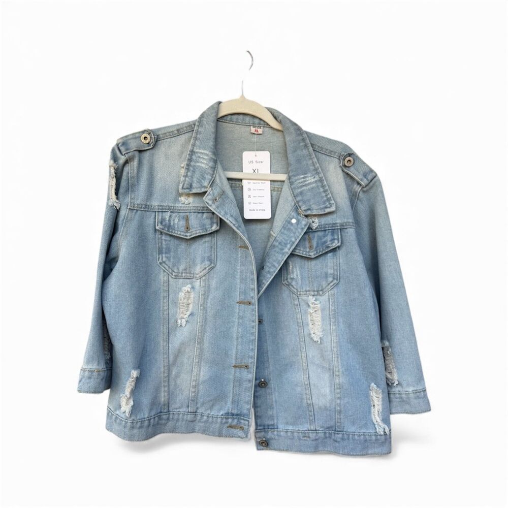 Hixiaohe Distressed Denim Jacket 3/4 Sleeve Light Wash XL NWT